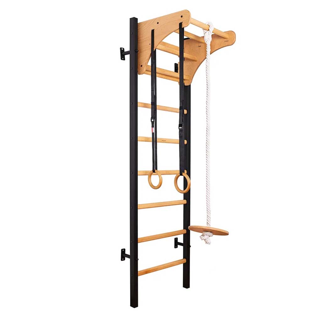 BenchK Black Wall Ladder with Pull-Up Bar and Gymnastics Accessories