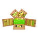 Wooden geometric blocks set with green and brown colors on a white background