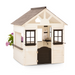 Children's playhouse with beige exterior and brown roof on a white background