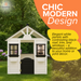 White playhouse with black accents in a garden setting, featuring 'Chic Modern Design' text.