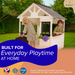 Children playing in a wooden playhouse with text 'Built for Everyday Playtime at Home' and Avenir logo.