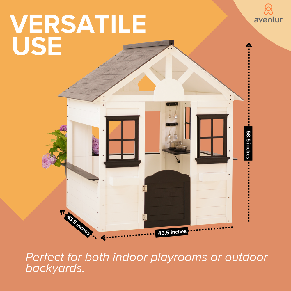 Children's playhouse with dimensions on an orange and brown background, featuring the brand 'Avenlur'.