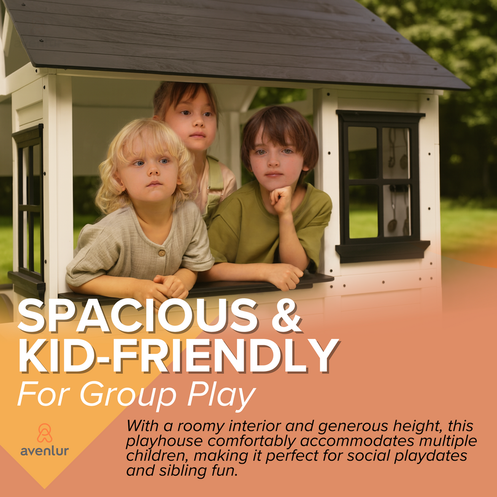 Children playing inside a playhouse with text highlighting its spaciousness and suitability for group play.