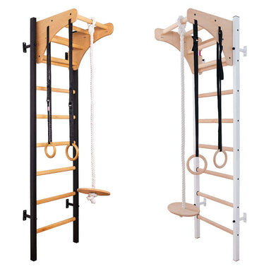 BenchK Black and White Wall Ladder with Pull-Up Bar and Gymnastics Accessories