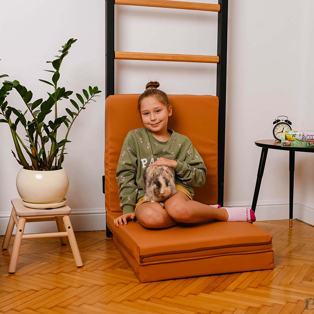 BenchK Brown Gym Mat Folded Child Sitting with Pet
