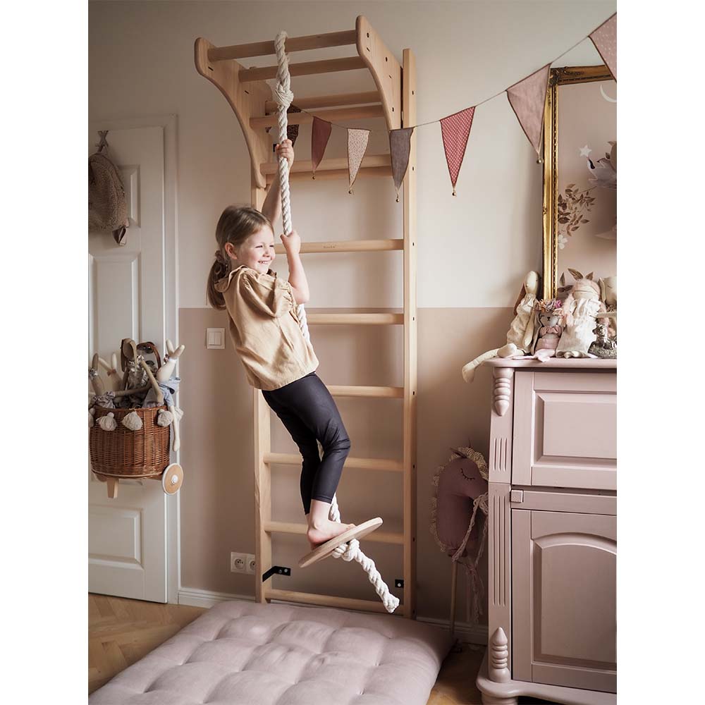 BenchK Childrens Ladder with Pull-Up Bar and Child on Gymnastics Accessories in Play Room