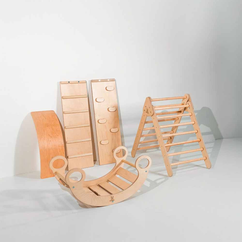 Set of wooden climbing toys on a white background