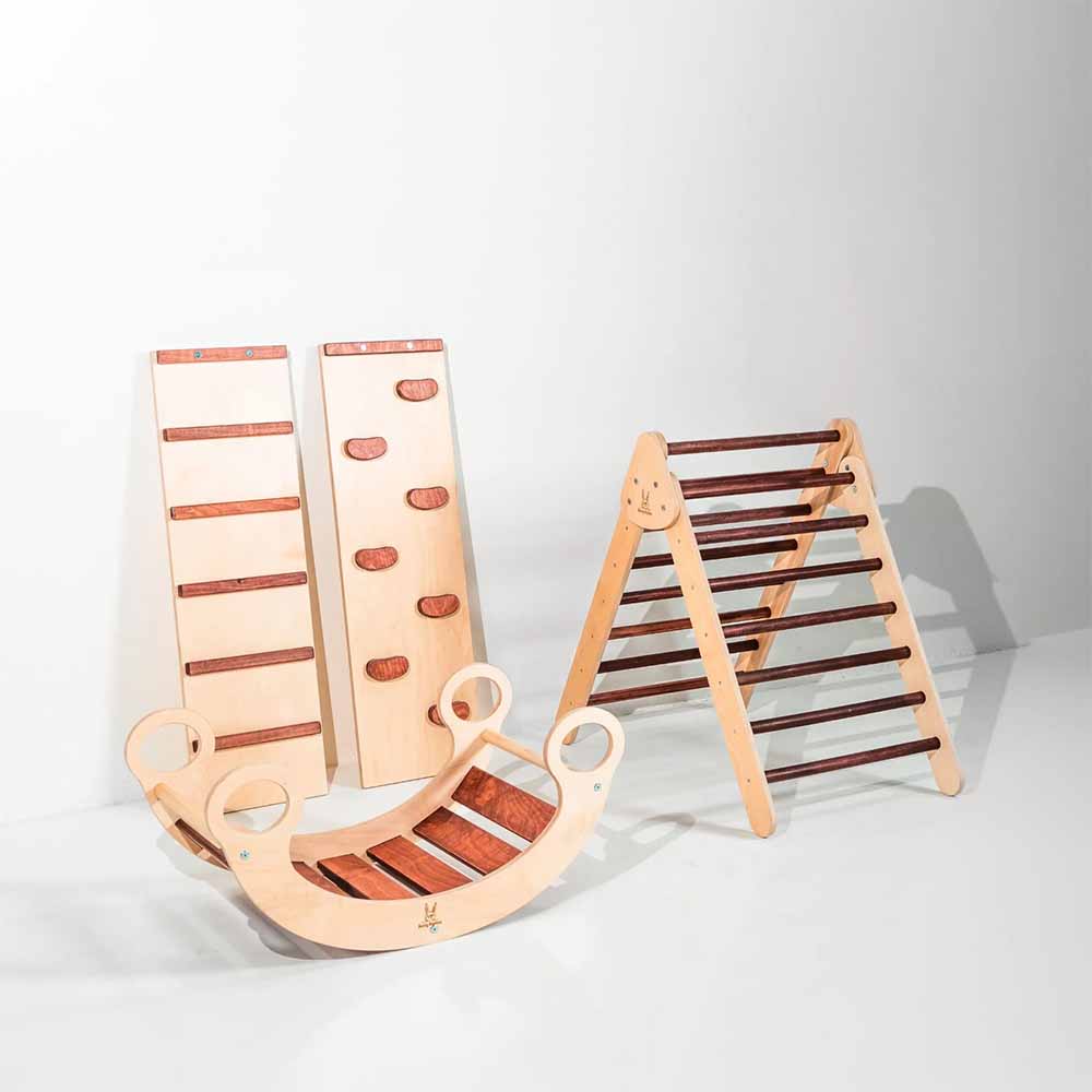 Set of wooden climbing toys on a white background