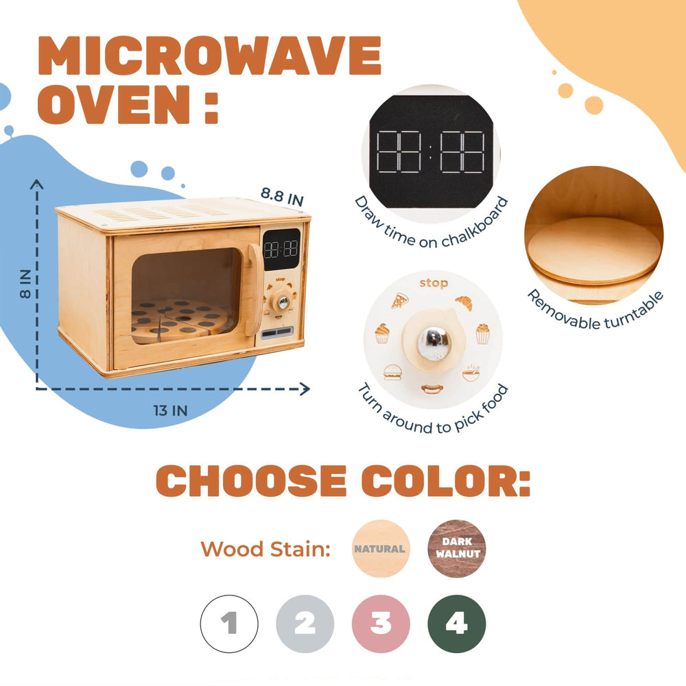 Wooden microwave oven with color options and features on a white background