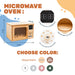 Wooden microwave oven with color options and features on a white background