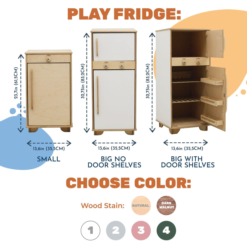 Play fridge with dimensions and color options on a white background