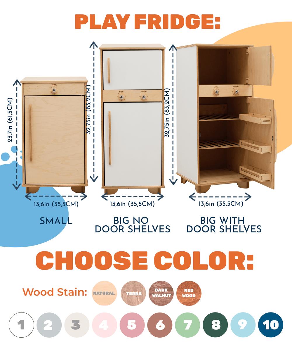 Play fridge with dimensions and color options on a white background