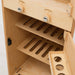 Wooden play refrigerator with interior shelves and knobs on a white background