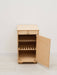 Wooden play refrigerator with open door on a white background