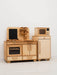 Wooden toy kitchen set with oven, microwave, and refrigerator on a white background