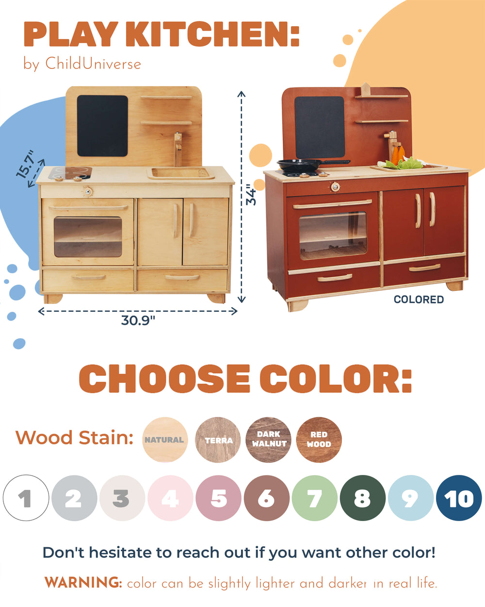 Play kitchen set with color options and dimensions displayed.