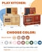Play kitchen set with color options and dimensions displayed.