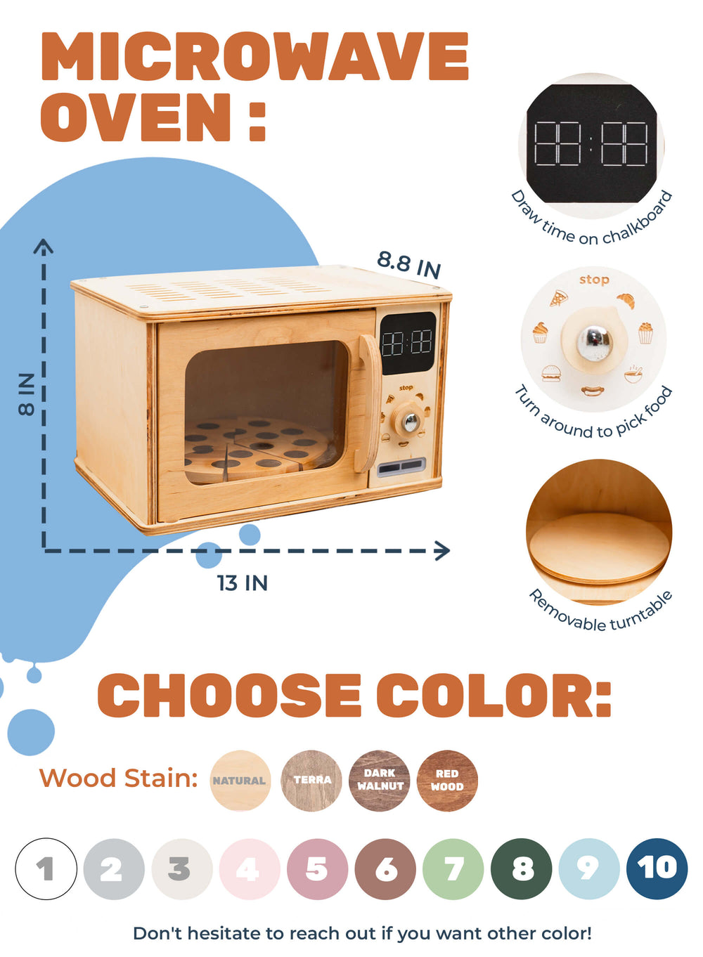 Wooden toy microwave with color options and measurements
