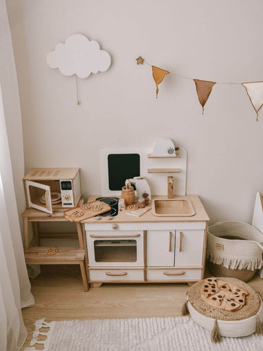 Enjoy the Wood Play Microwave in Playroom with Kitchen Set