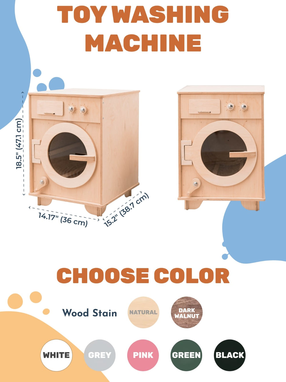 Wooden toy washing machine with color options on a white background