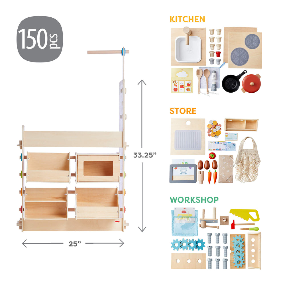 Wooden play kitchen set with various accessories and dimensions on a white background
