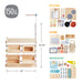Wooden play kitchen set with various accessories and dimensions on a white background