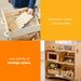 Wooden play kitchen set with storage space, labeled 'Compact, clever, and creative with plenty of storage space.'