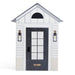 White playhouse with a black door and windows on a white background