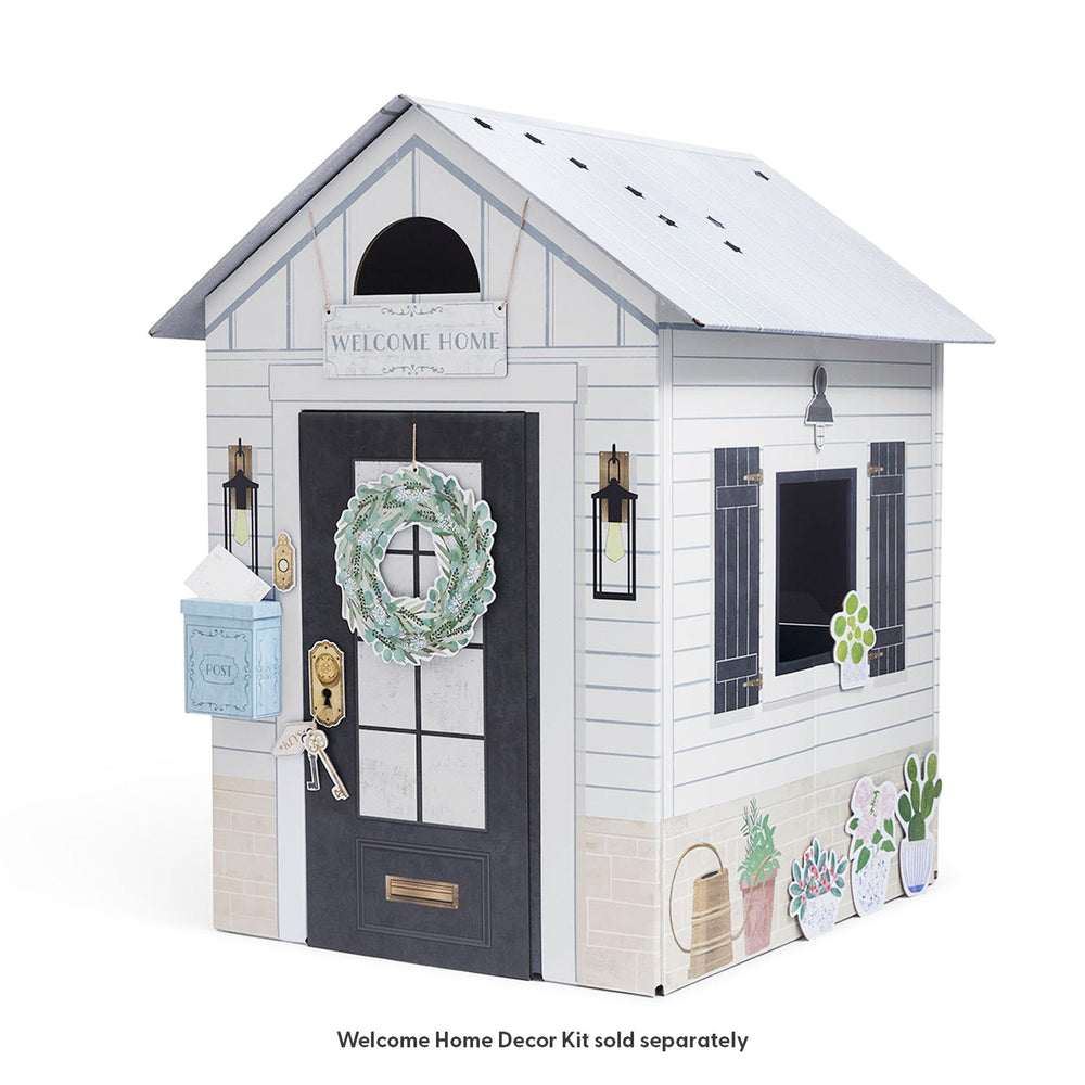 White playhouse with decorative elements on a white background