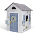 Playhouse with a blue door and decorative elements on a white background