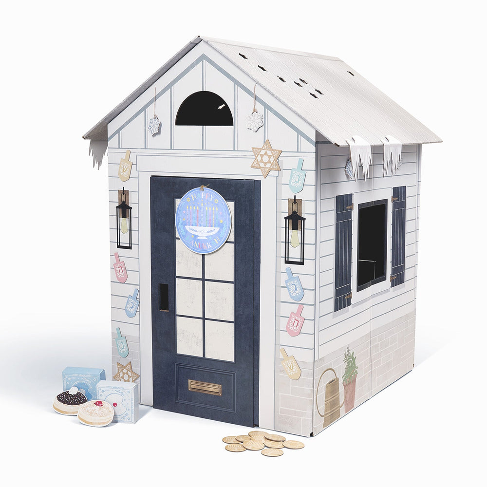 Children's playhouse with decorative Hanukkah elements on a white background