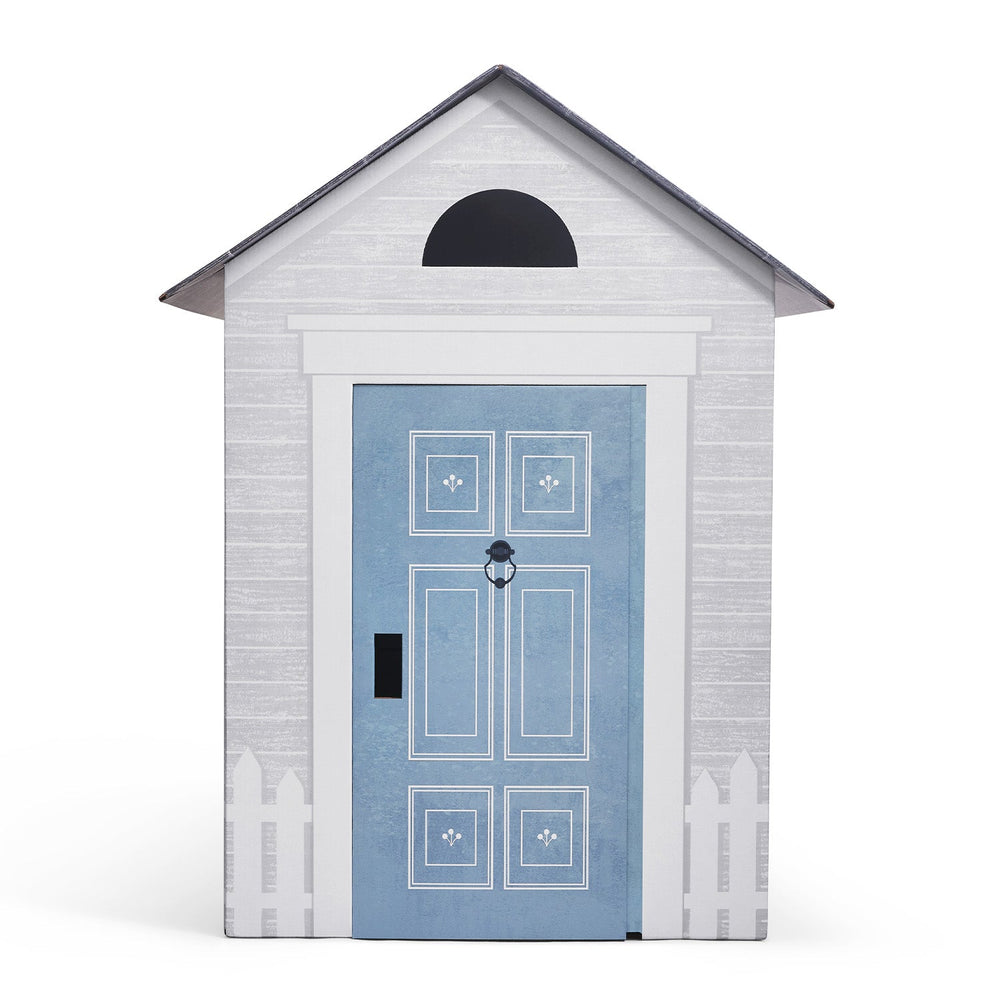 Small white house with a blue door on a white background