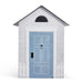 Small white house with a blue door on a white background