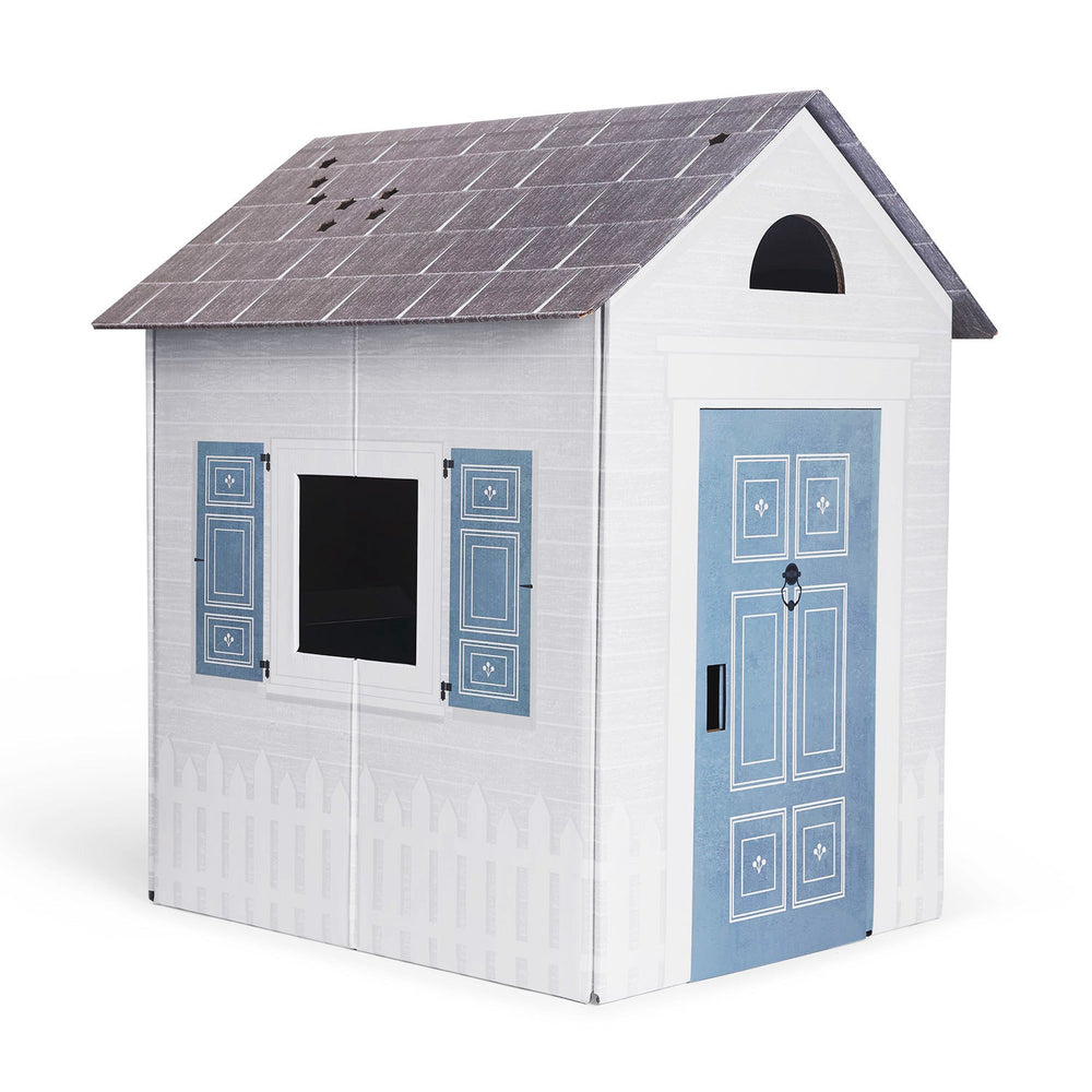Children's playhouse with blue doors and shutters on a white background