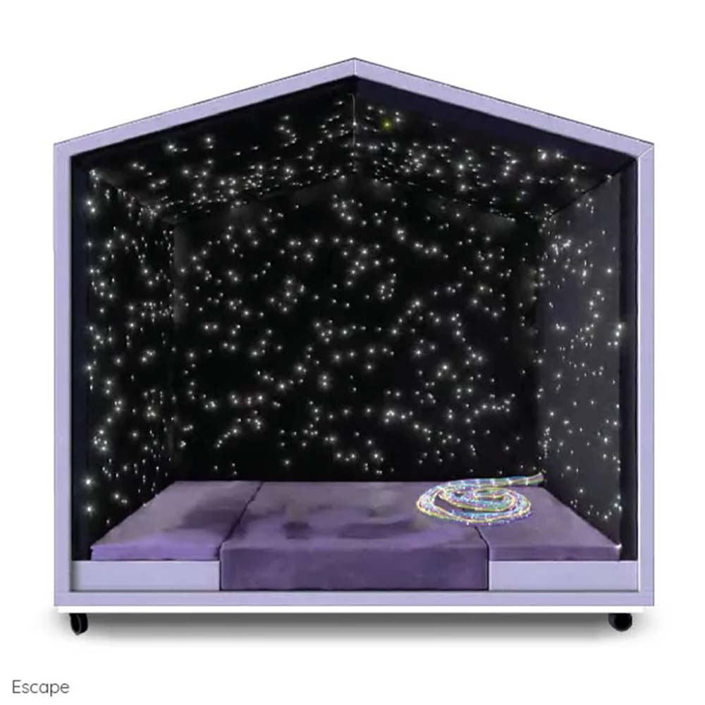 Sensory pod with starry sky design and purple interior.