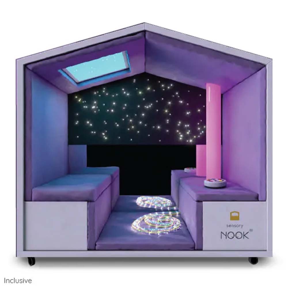 Purple sensory nook with starry sky projection and LED lights on a white background