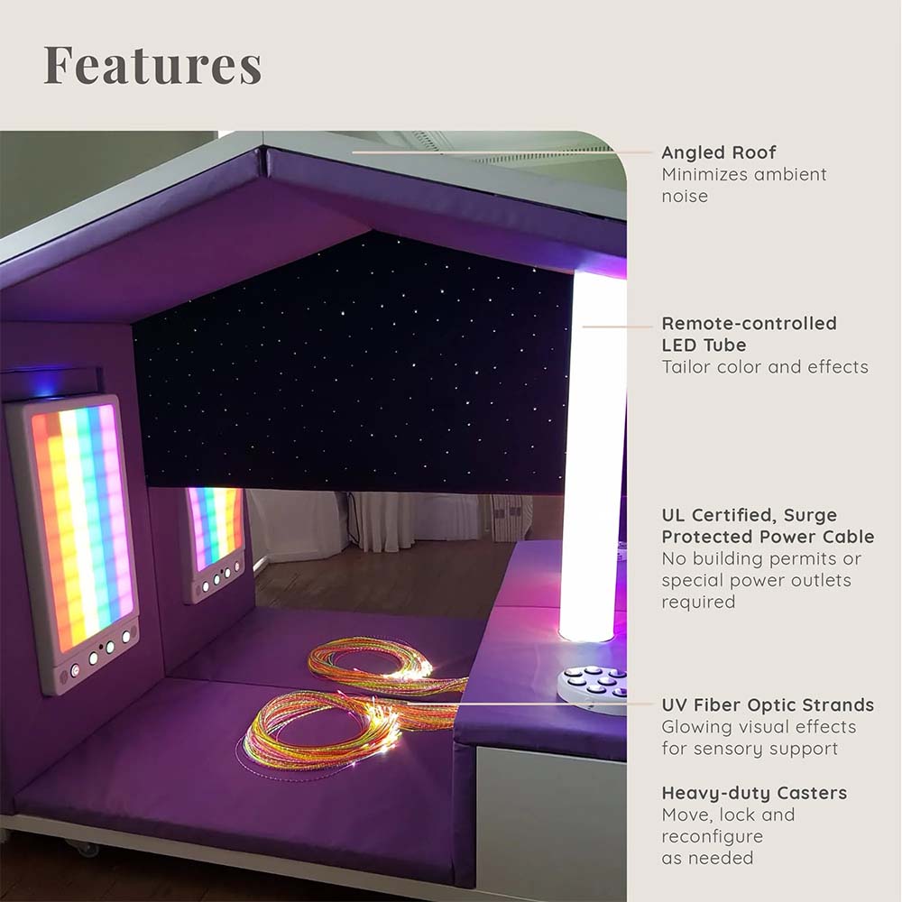 Children's sensory pod with LED lighting and fiber optic strands, featuring text on features.