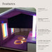 Children's sensory pod with LED lighting and fiber optic strands, featuring text on features.