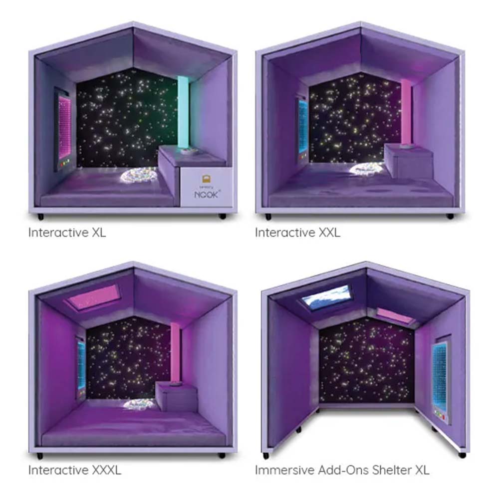Four purple interactive and immersive shelters on a white background