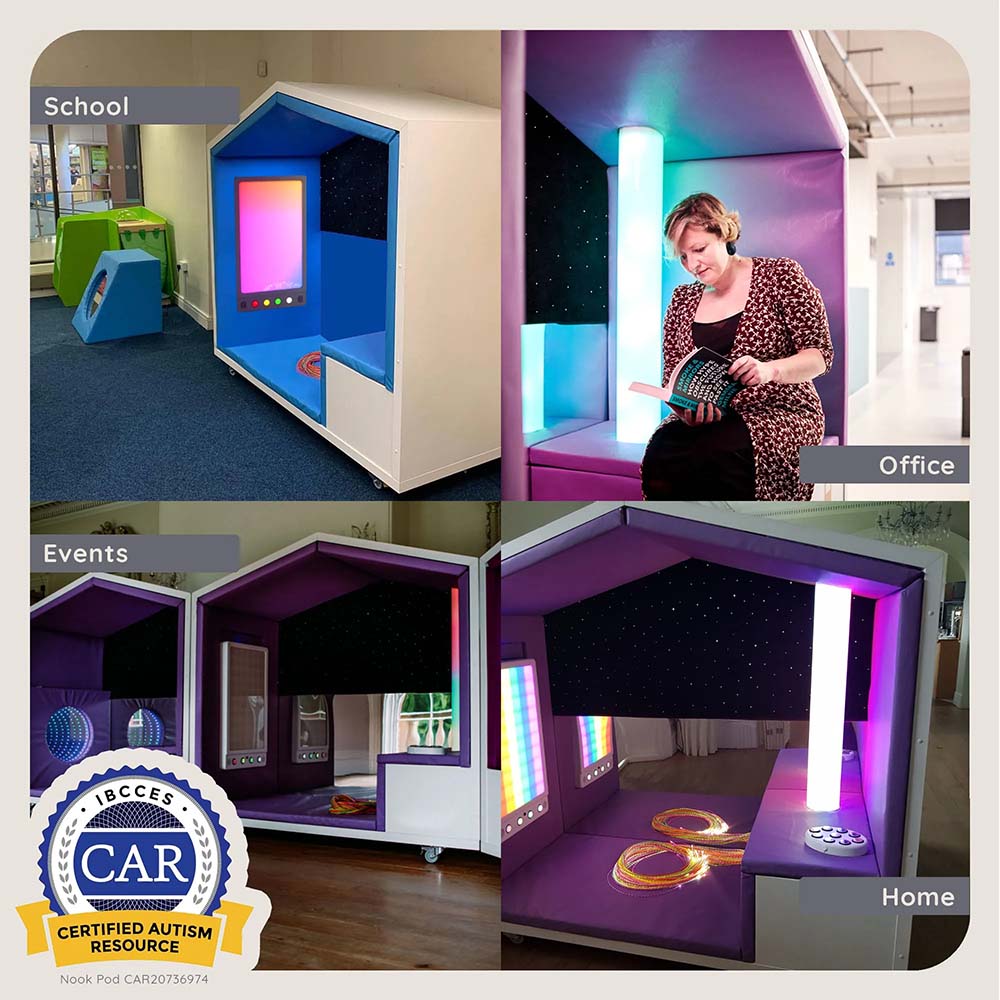 Collage of a colorful rooms featuring sensory pods with different settings labeled 'School', 'Office', 'Events', and 'Home'.