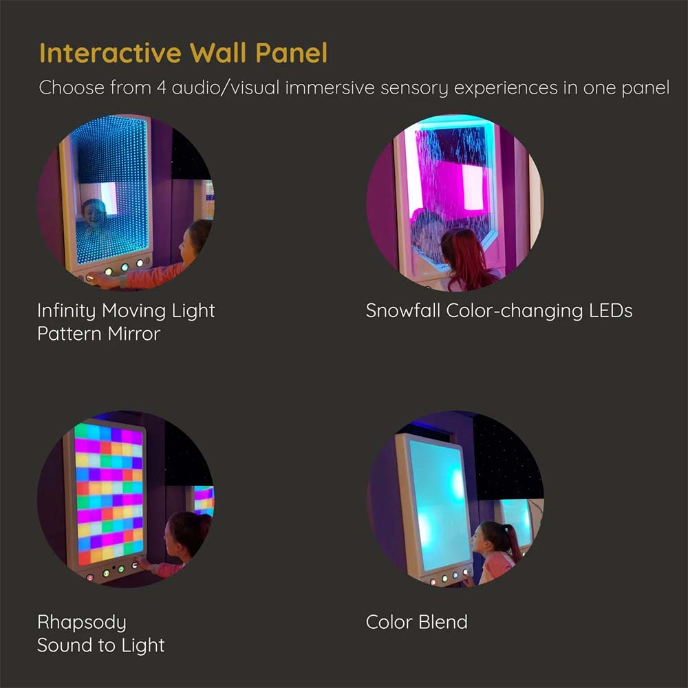 Interactive wall panel with four sensory experiences on a dark background