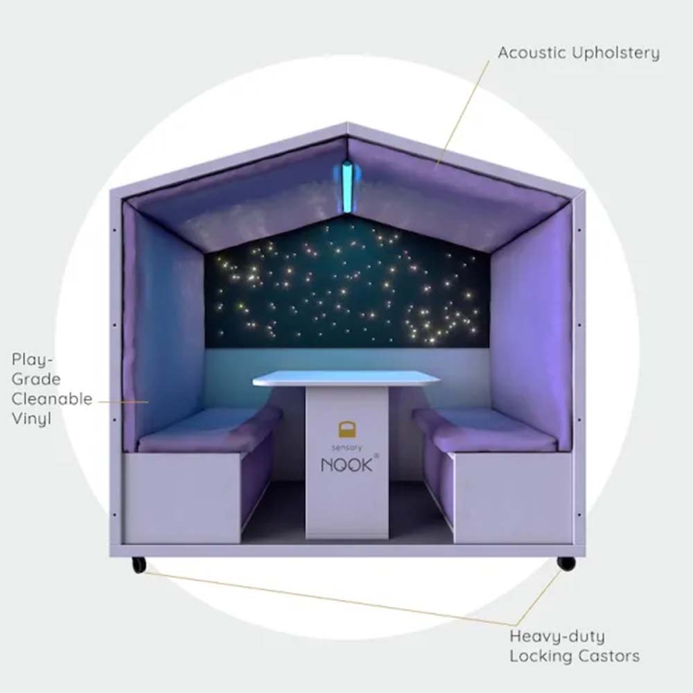 Purple acoustic booth with a starry night design on the wall, featuring the brand 'Nook'.