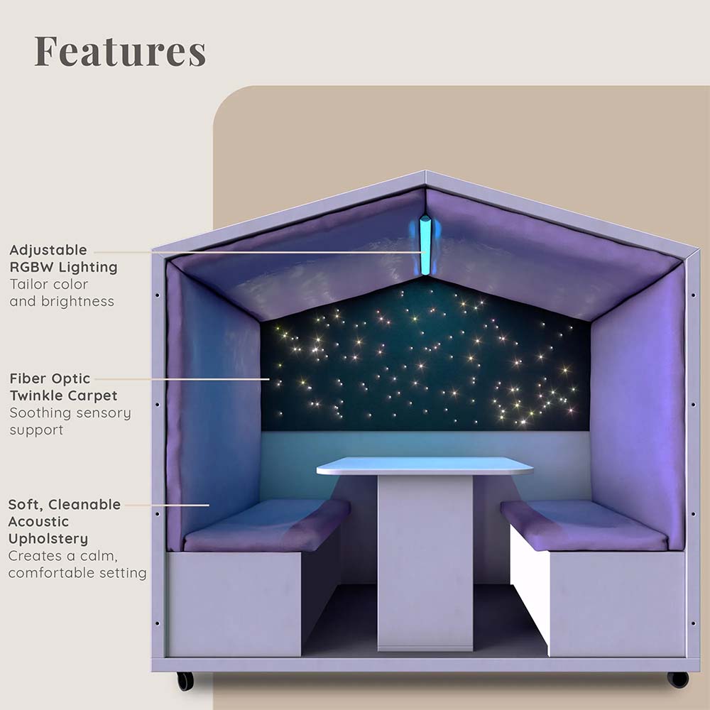 Modern sensory pod with adjustable RGBW lighting, fiber optic twinkle carpet, and soft, cleanable acoustic upholstery.