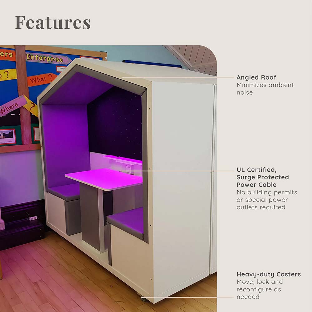 Sensory pod with purple interior in a classroom setting, featuring text on features.