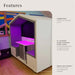 Sensory pod with purple interior in a classroom setting, featuring text on features.