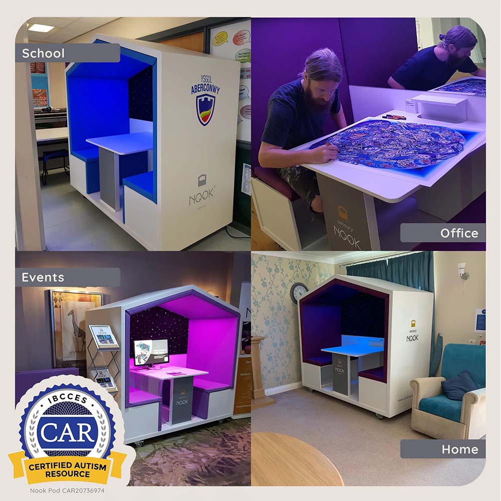 Collage of Nook pods in various settings including school, office, and home with ICCCES CAR certification badge.