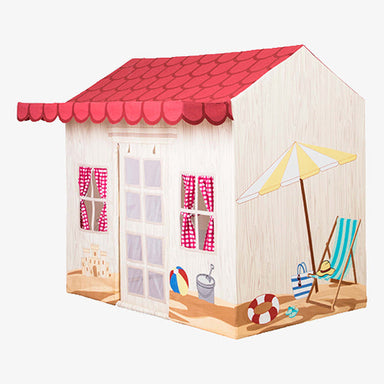 Children's play tent with a red roof, beach-themed decorations, and furniture on a white background.