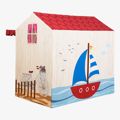 Children's playhouse with a red roof, bicycle, and sailboat design on a white background