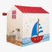 Children's playhouse with a red roof, bicycle, and sailboat design on a white background