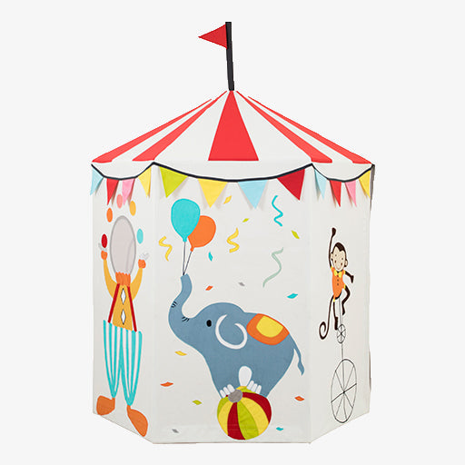 Children's play tent with circus-themed design featuring clowns, an elephant, and balloons on a white background.